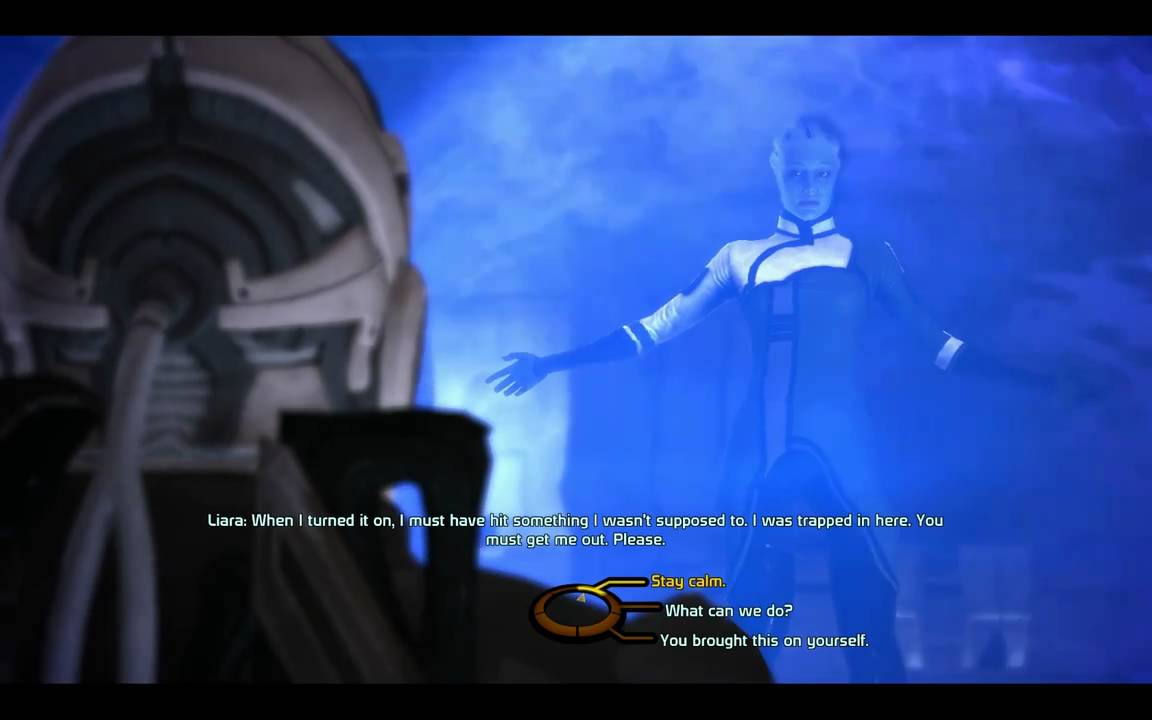 Liara discussing her predicament with Shepard