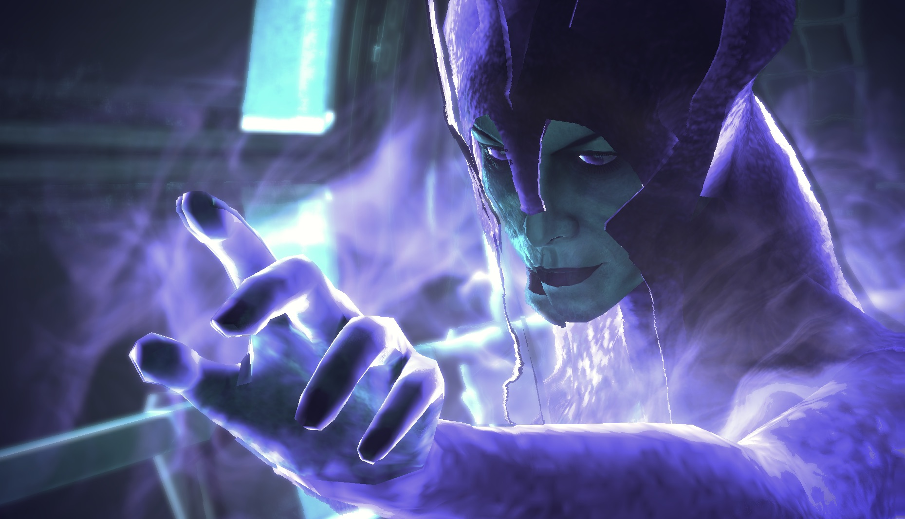 Benezia blasting Shepard in a cutscene